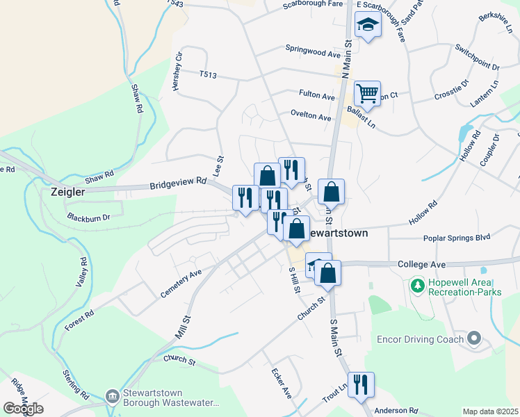 map of restaurants, bars, coffee shops, grocery stores, and more near North Hill Street in Stewartstown