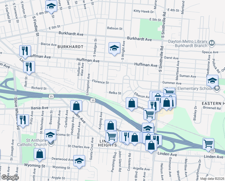 map of restaurants, bars, coffee shops, grocery stores, and more near 201 Eugene Avenue in Dayton