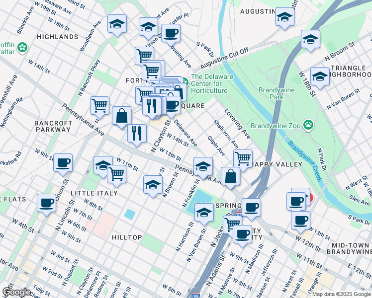 map of restaurants, bars, coffee shops, grocery stores, and more near 1305 North Broom Street in Wilmington