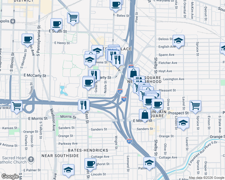 map of restaurants, bars, coffee shops, grocery stores, and more near 906 Wright Street in Indianapolis