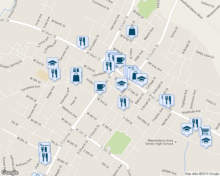 map of restaurants, bars, coffee shops, grocery stores, and more near 8 Philadelphia Avenue in Waynesboro