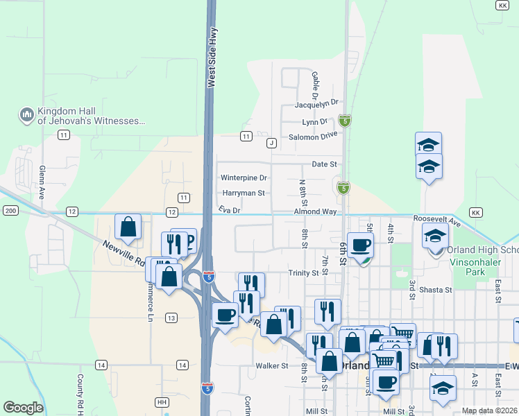 map of restaurants, bars, coffee shops, grocery stores, and more near 906 Almond Way in Orland