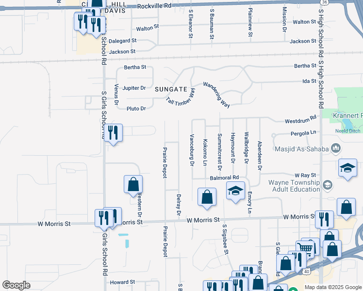 map of restaurants, bars, coffee shops, grocery stores, and more near 804 Vanceburg Drive in Indianapolis