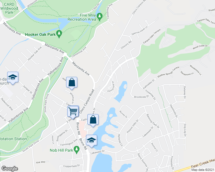 map of restaurants, bars, coffee shops, grocery stores, and more near 2936 Pennyroyal Drive in Chico