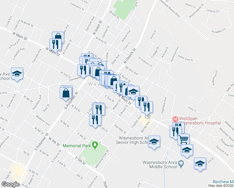 map of restaurants, bars, coffee shops, grocery stores, and more near 213 E Main St in Waynesboro