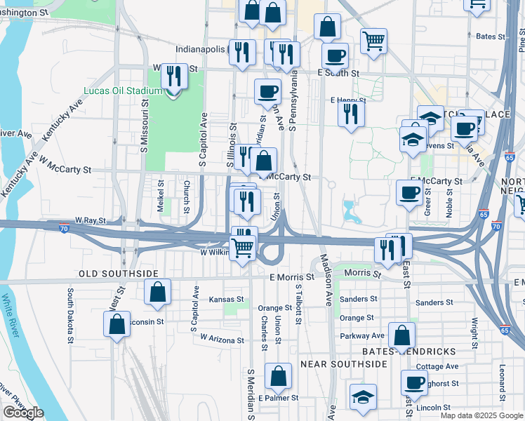 map of restaurants, bars, coffee shops, grocery stores, and more near 925 Charles Street in Indianapolis