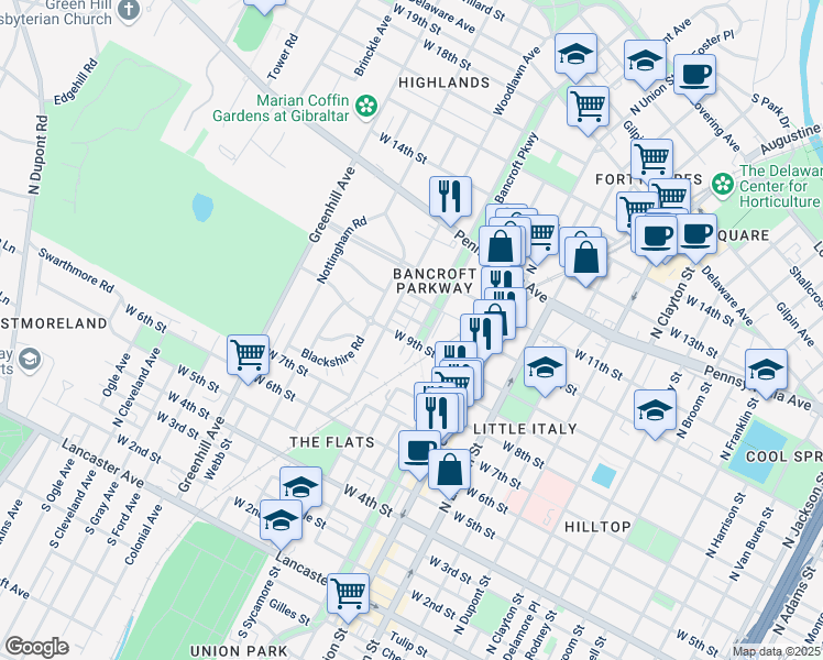 map of restaurants, bars, coffee shops, grocery stores, and more near 905 North Bancroft Parkway in Wilmington