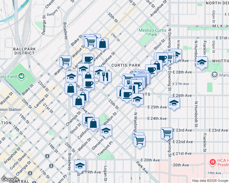 map of restaurants, bars, coffee shops, grocery stores, and more near 2599 California Street in Denver
