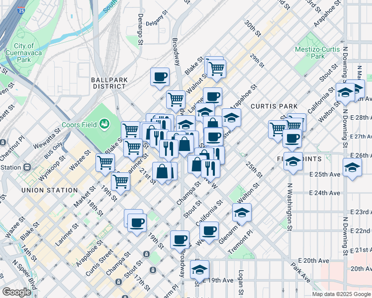 map of restaurants, bars, coffee shops, grocery stores, and more near 2318 Arapahoe Street in Denver