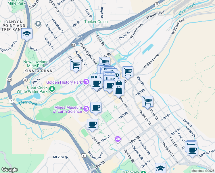map of restaurants, bars, coffee shops, grocery stores, and more near 1211 Arapahoe Street in Golden