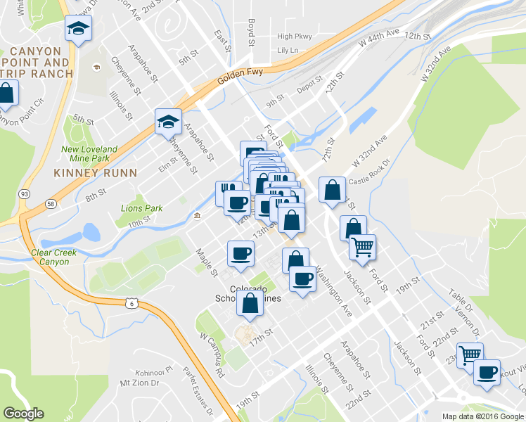 map of restaurants, bars, coffee shops, grocery stores, and more near 1224 Washington Avenue in Golden