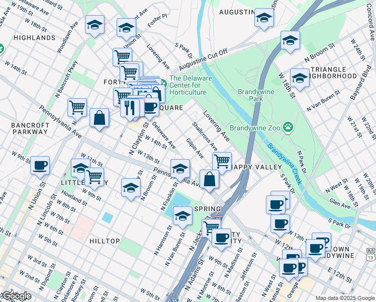 map of restaurants, bars, coffee shops, grocery stores, and more near 501 West 14th Street in Wilmington