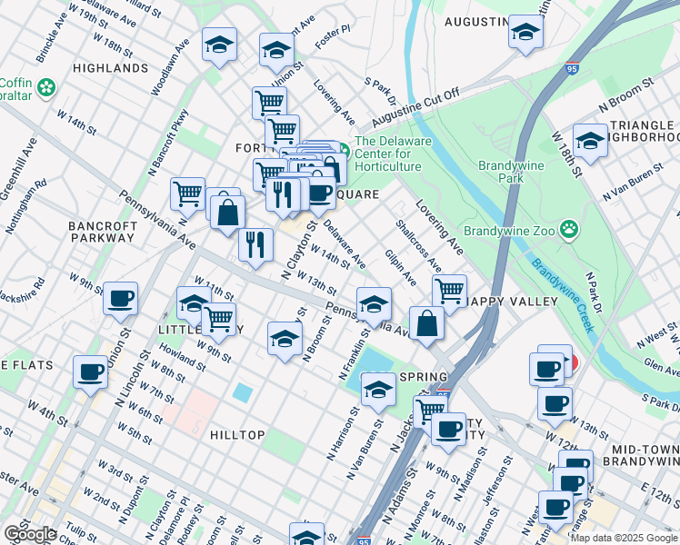 map of restaurants, bars, coffee shops, grocery stores, and more near 1300 North Rodney Street in Wilmington