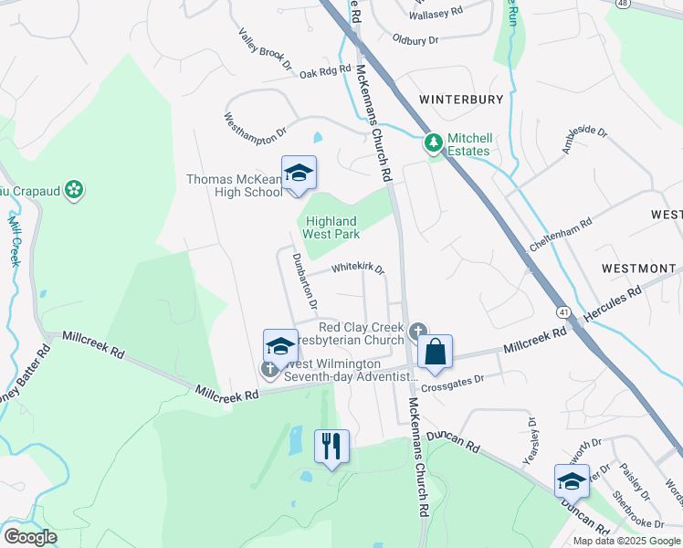 map of restaurants, bars, coffee shops, grocery stores, and more near 111 Balmore Lane in Wilmington