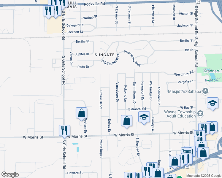 map of restaurants, bars, coffee shops, grocery stores, and more near 804 Vanceburg Drive in Indianapolis