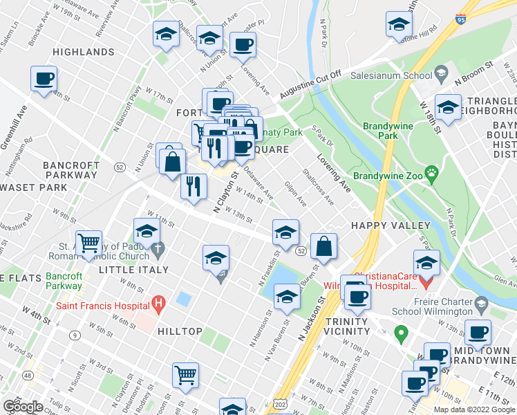 map of restaurants, bars, coffee shops, grocery stores, and more near 1300 North Rodney Street in Wilmington