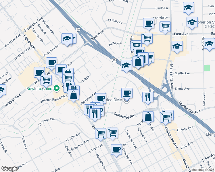 map of restaurants, bars, coffee shops, grocery stores, and more near 371 Rio Lindo Avenue in Chico