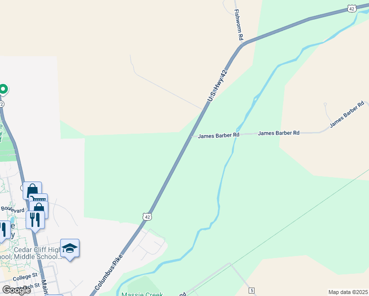 map of restaurants, bars, coffee shops, grocery stores, and more near U.S. 42 in Cedarville