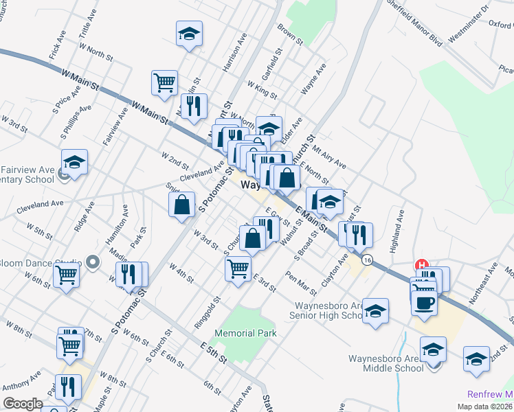 map of restaurants, bars, coffee shops, grocery stores, and more near 28 South Church Street in Waynesboro