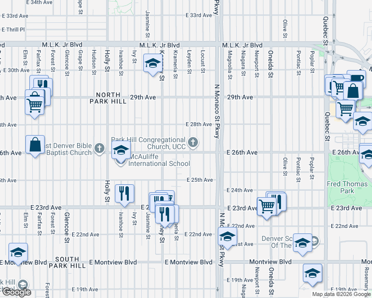map of restaurants, bars, coffee shops, grocery stores, and more near 2611 Leyden Street in Denver