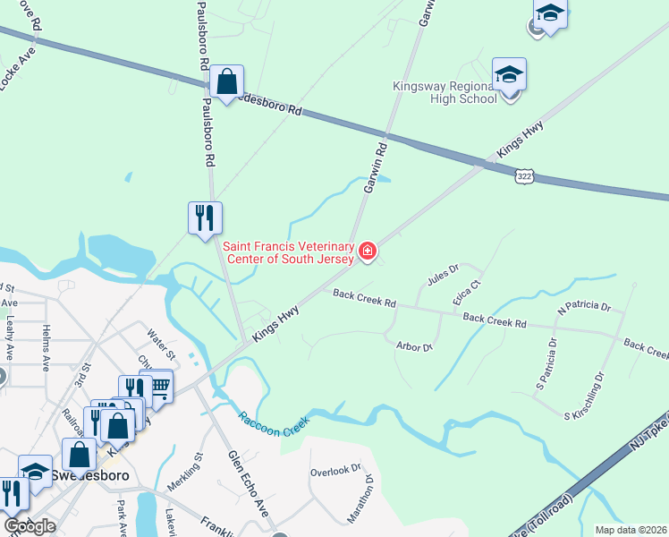 map of restaurants, bars, coffee shops, grocery stores, and more near 12 Back Creek Road in Woolwich Township