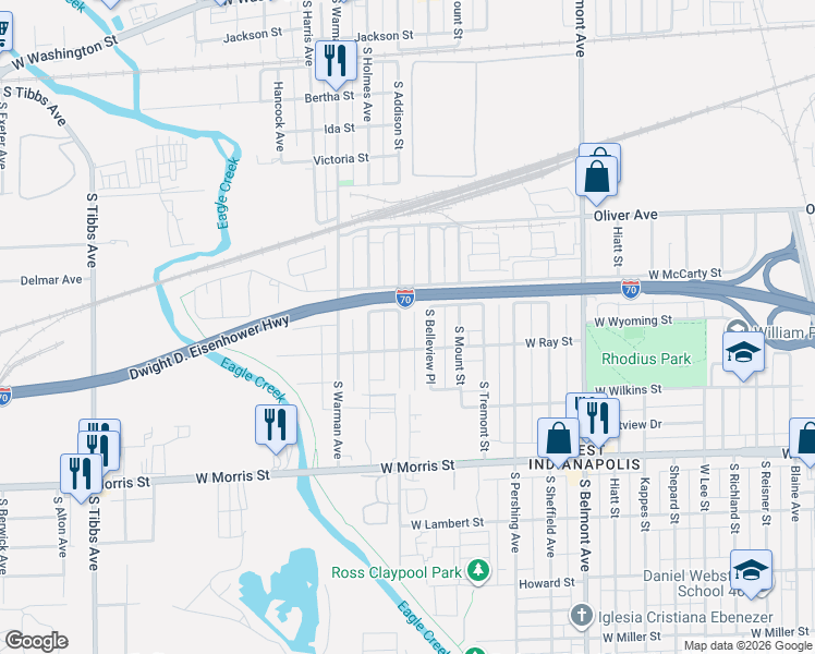 map of restaurants, bars, coffee shops, grocery stores, and more near 853 South Addison Street in Indianapolis