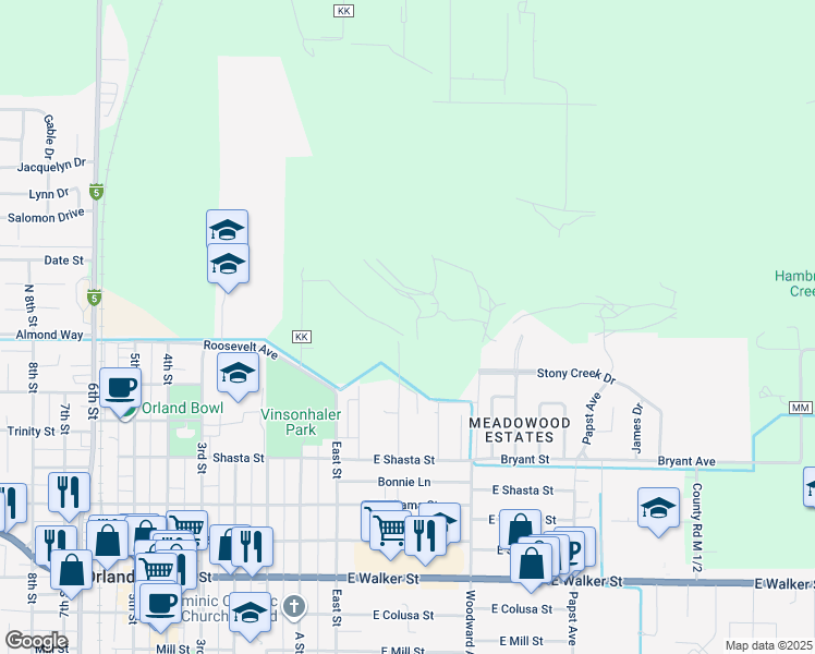 map of restaurants, bars, coffee shops, grocery stores, and more near 105 Modoc Street in Orland