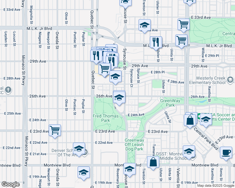 map of restaurants, bars, coffee shops, grocery stores, and more near 7551 East 26th Avenue in Denver