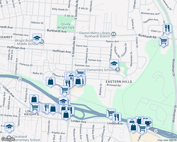 map of restaurants, bars, coffee shops, grocery stores, and more near 1670 Gondert Avenue in Dayton