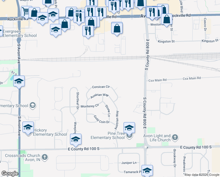 map of restaurants, bars, coffee shops, grocery stores, and more near 7705 Corsican Circle in Avon