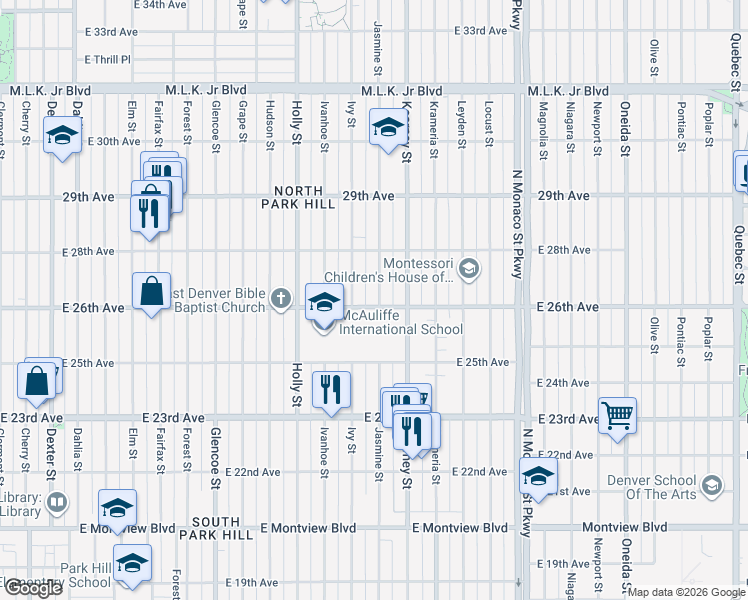 map of restaurants, bars, coffee shops, grocery stores, and more near 5835 East 26th Avenue in Denver