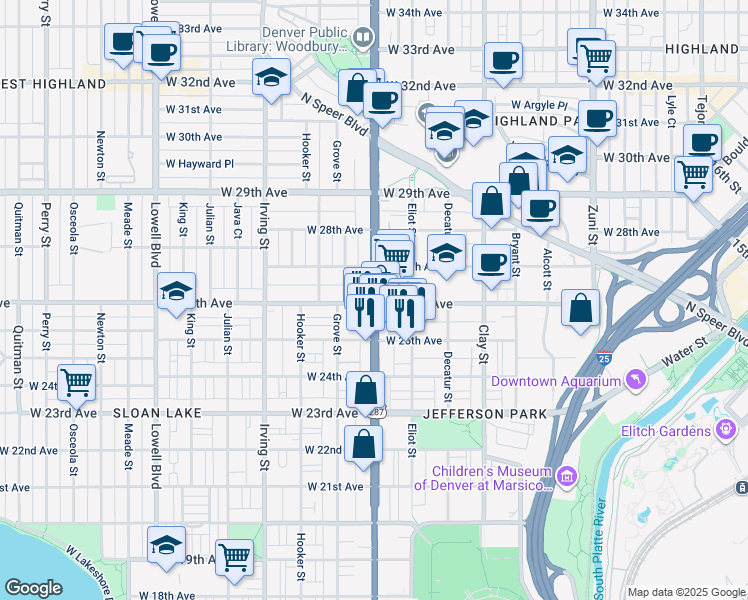 map of restaurants, bars, coffee shops, grocery stores, and more near 2575 Federal Boulevard in Denver
