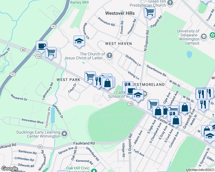 map of restaurants, bars, coffee shops, grocery stores, and more near 104 Greenridge Road in Wilmington