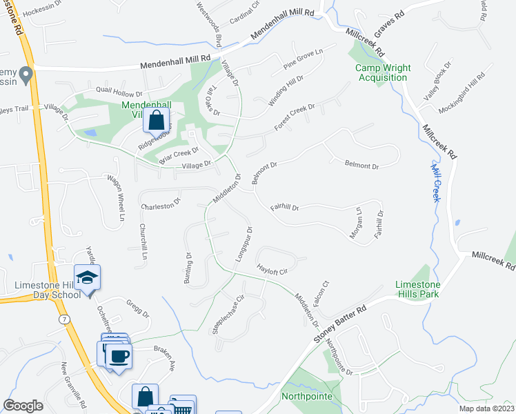 map of restaurants, bars, coffee shops, grocery stores, and more near 104 Fairhill Drive in Wilmington