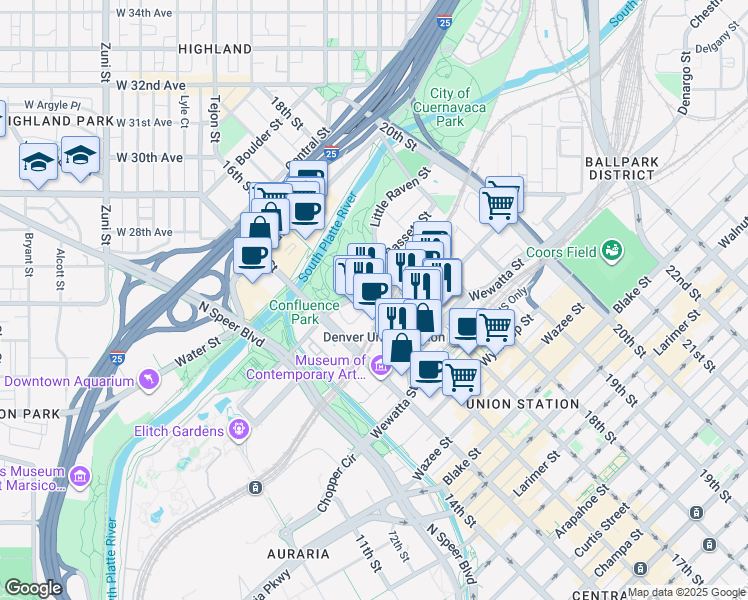 map of restaurants, bars, coffee shops, grocery stores, and more near 2100 16th Street Mall in Denver