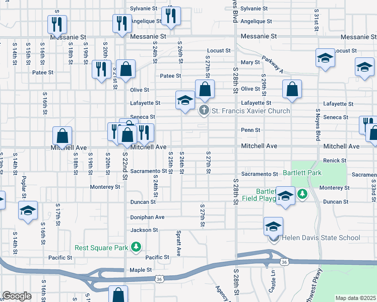 map of restaurants, bars, coffee shops, grocery stores, and more near 2611 Renick Street in Saint Joseph