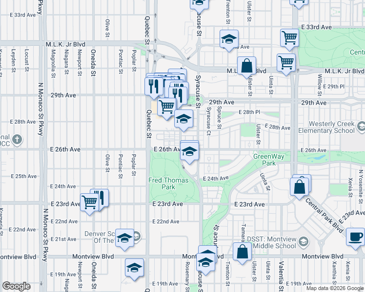 map of restaurants, bars, coffee shops, grocery stores, and more near 2614 Roslyn Street in Denver