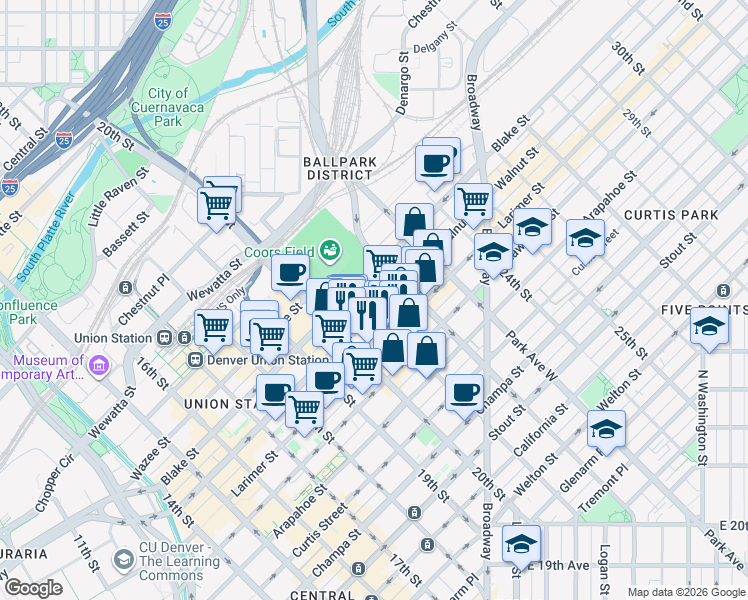 map of restaurants, bars, coffee shops, grocery stores, and more near 2101 Market Street in Denver