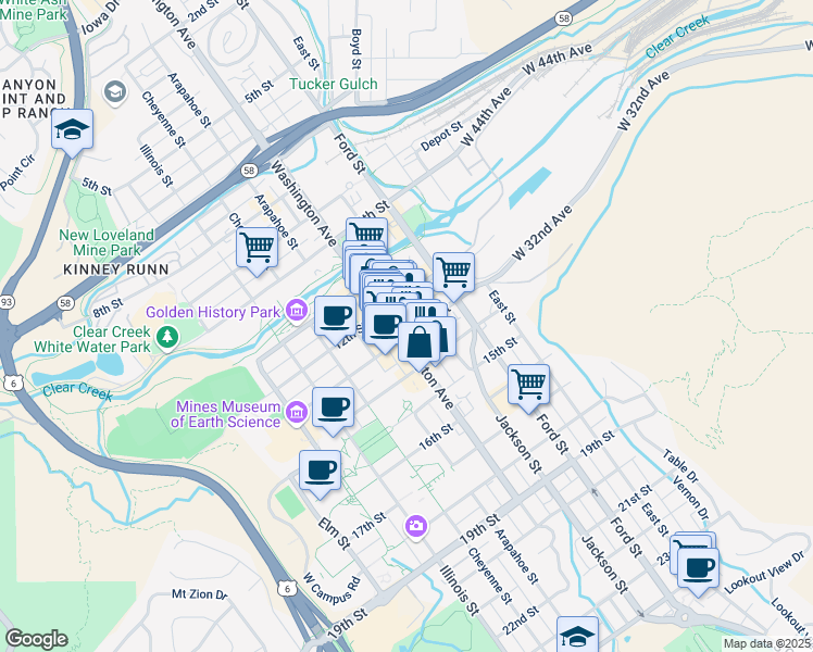 map of restaurants, bars, coffee shops, grocery stores, and more near 1301 Washington Avenue in Golden