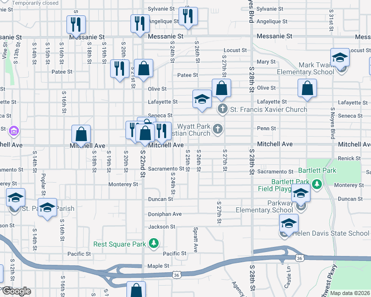 map of restaurants, bars, coffee shops, grocery stores, and more near 1317 South 25th Street in Saint Joseph