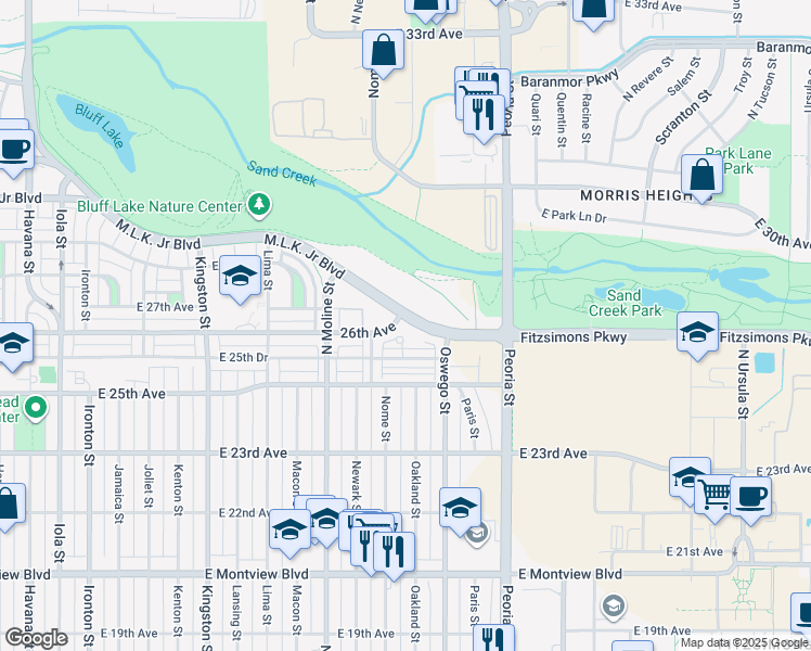 map of restaurants, bars, coffee shops, grocery stores, and more near 11659 East 25th Drive in Aurora