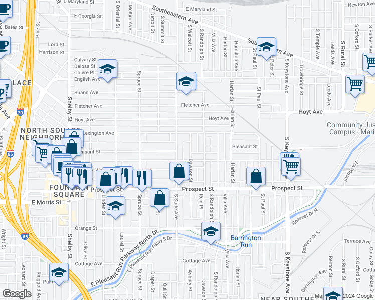 map of restaurants, bars, coffee shops, grocery stores, and more near 908 Dawson Street in Indianapolis