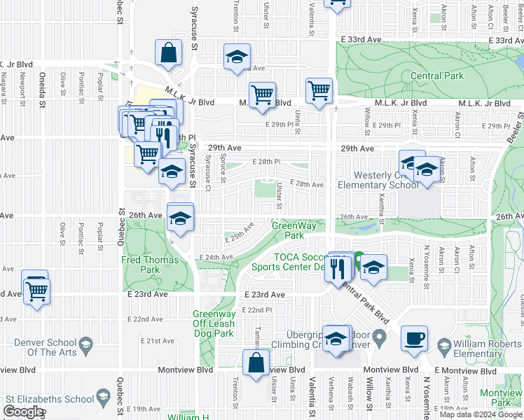 map of restaurants, bars, coffee shops, grocery stores, and more near 8021 East 26th Avenue in Denver