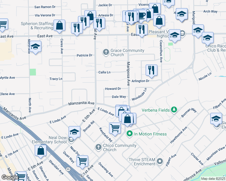 map of restaurants, bars, coffee shops, grocery stores, and more near 1277 Howard Drive in Chico