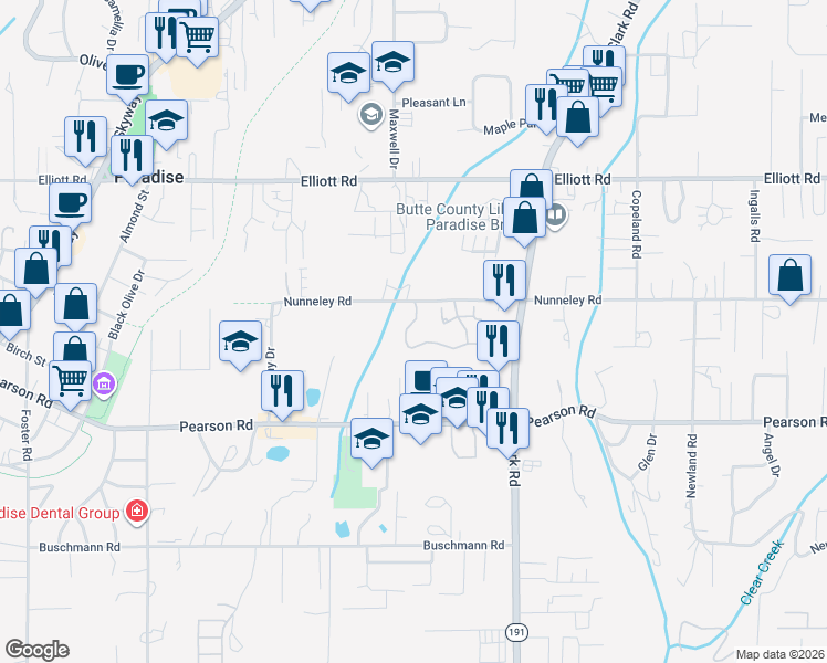 map of restaurants, bars, coffee shops, grocery stores, and more near 12165 South Stoneridge Circle in Paradise