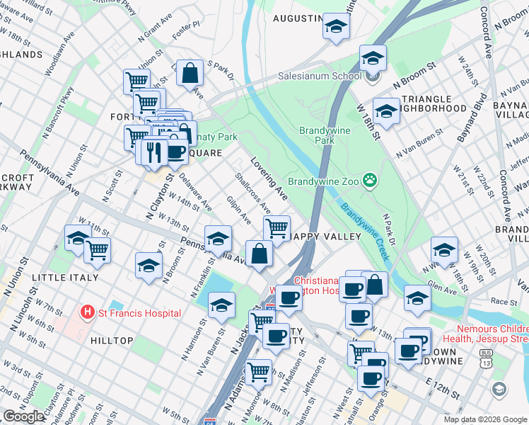 map of restaurants, bars, coffee shops, grocery stores, and more near 1203 Gilpin Avenue in Wilmington