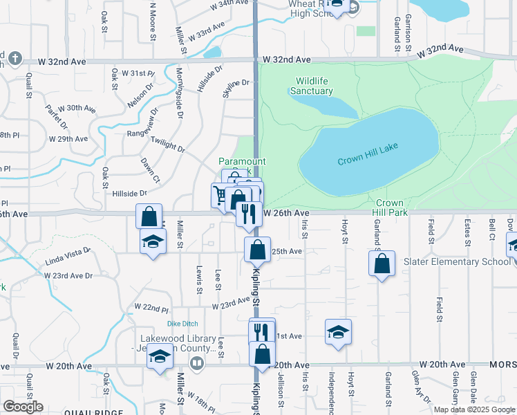 map of restaurants, bars, coffee shops, grocery stores, and more near 2540 Kipling Street in Lakewood