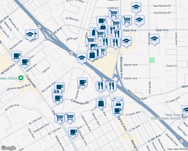 map of restaurants, bars, coffee shops, grocery stores, and more near 578 Rio Lindo Avenue in Chico