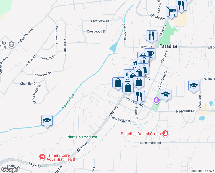 map of restaurants, bars, coffee shops, grocery stores, and more near 543 Barbara Way in Paradise
