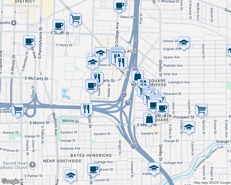 map of restaurants, bars, coffee shops, grocery stores, and more near 919 Noble Street in Indianapolis